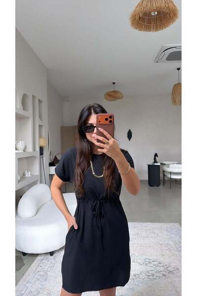 Buket Teke Rochie neagră cu talie încrețită și șnur