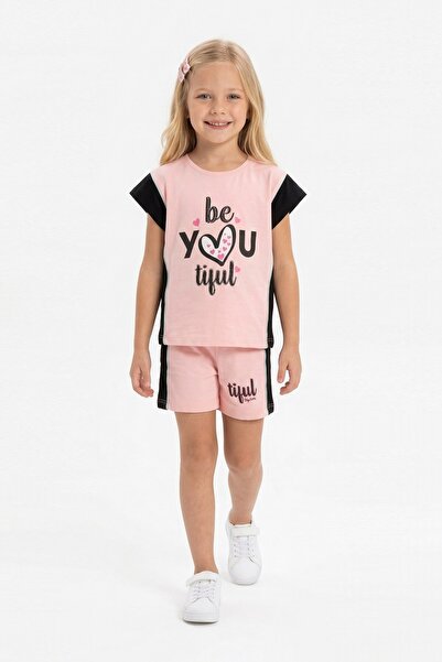 ALKINKİDS 3-8 Years Old Girls Heart Printed Short Sleeve Shorts Cotton Summer...