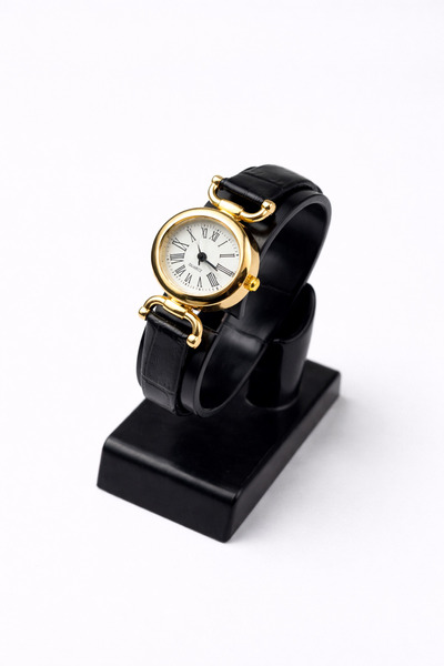 Toz Vintage Cirelia Black Leather Strap Gold Case Roman Numerals Elegant Wome...