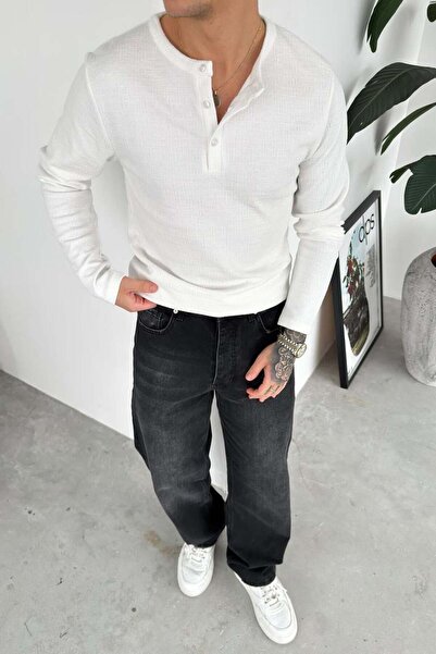 HAFKAGİYİM White Muslin Fabric Buttoned Collar Relaxed Long Sleeve T-Shirt