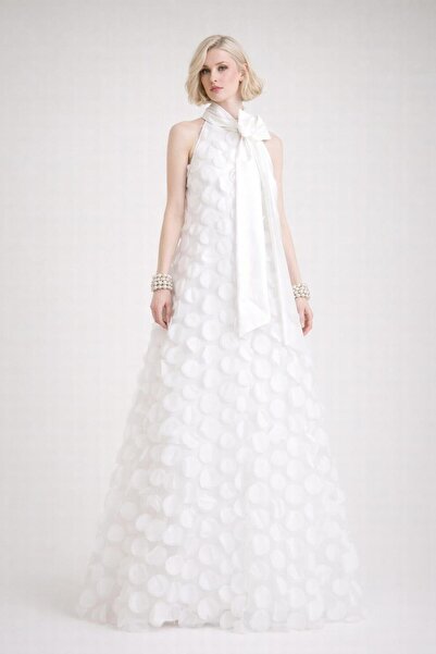 ALYEL NAKER A-Form Maxi White Stylish 3D Textured Dress with Tie-Up Detail at...