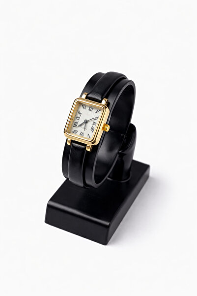 Toz Vintage Cilnar Black Leather Strap Gold Square Case Minimal Women's Vinta...