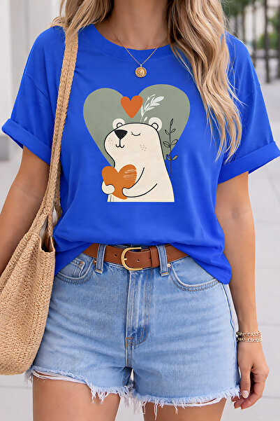 ArtYus تي شيرت كبير الحجم للجنسين مطبوع عليه قلب دب لطيف - تي شيرت قطني برقبة...