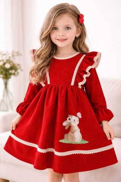 OEM rochie entru fetita,cu broderie iepuras,dantela de bumbac