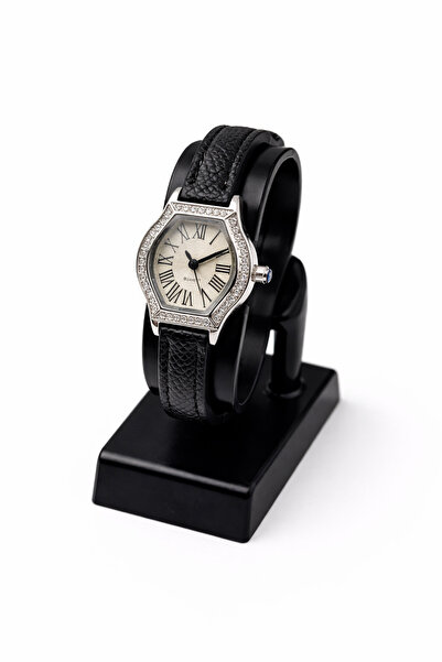 Toz Vintage Cazion Black Leather Strap Gold Case Stone Detailed Women's Vinta...