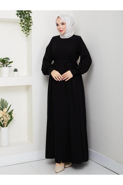 Esra Butik78 Siyah Kuşaklı Medine İpeği Ferace 140 cm Rahat Kesim Tesettür Fe...