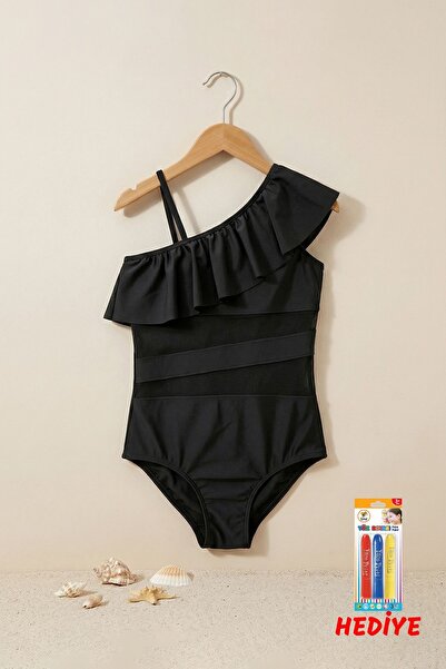 ZUZUNGA Μαύρο κοριτσίστικο μαγιό με λεπτομέρειες από τούλι και κομψό σχέδιο