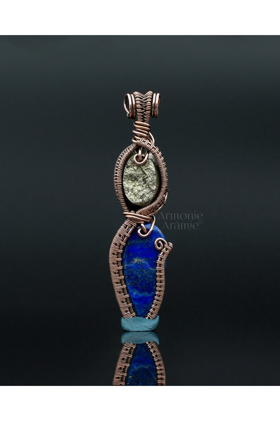 Armonie Arămie Pandantiv pirită și lapis lazuli montate în sârmă din cupru ◯ ...