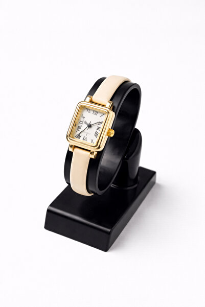Toz Vintage Cilnar Beige Leather Strap Gold Square Case Minimal Women's Vinta...