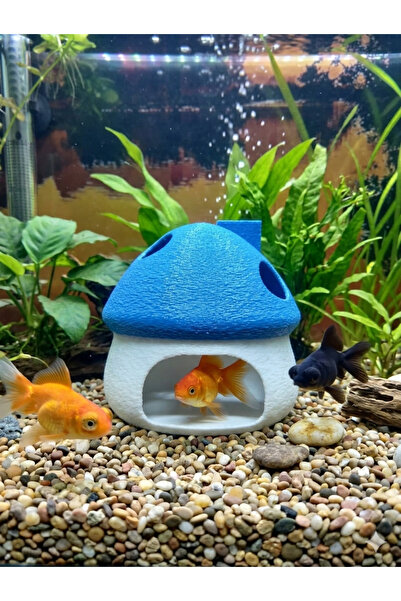 3D Tasarım Mavi Beyaz Mantar Ev - Akvaryum İçi Estetik Dekorasyon (8x8 cm) Su...