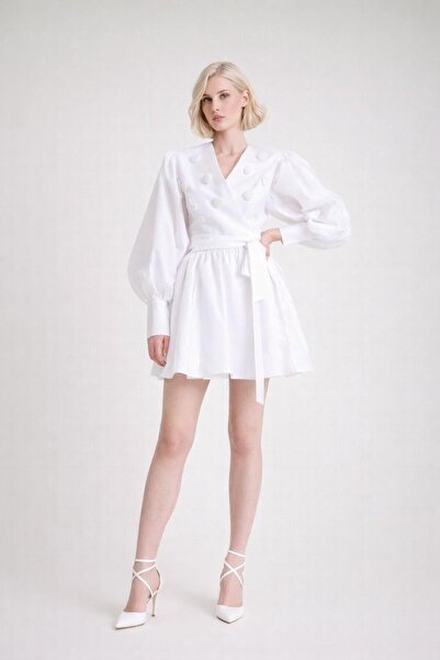 ALYEL NAKER White Mini Stylish Dress with Embroidery Detail & Double Breasted...