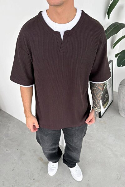 HAFKAGİYİM Καφέ Πολυεπίπεδο Ριμπ Τι-σερτ Μπλουζάκι με V-λαιμόκοψη