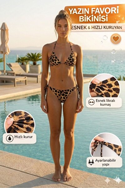 TEMSSHOP Yaza Damga Vuran Leopar Desenli Bikini Takım Esnek ve Hızlı Kuruyan ...