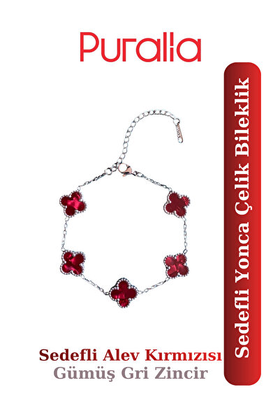 Puralia Flame Red Clover Steel Bracelet - Silver Gray Chain