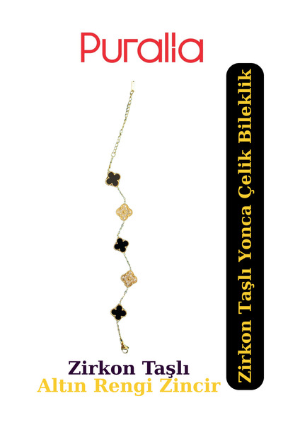 Puralia Black Clover Steel Bracelet with Zircon Stone - Golden Yellow Chain