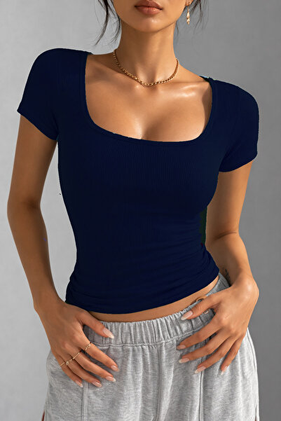 RİEMA Women's Navy Blue Camisole Fabric Pool Collar Basic Top Bluz