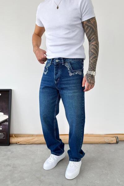 HAFKAGİYİM Blue Premium Embroidery Detailed Baggy Pants