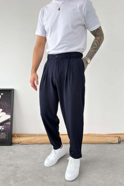 HAFKAGİYİM Navy Blue Basic Boyfriend Fabric Trousers