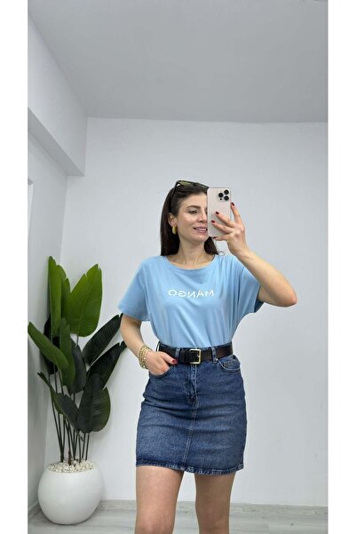 TUNAM BUTİK 8500 Printed Oversize T-Shirt Baby Blue