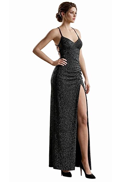 CHEVALIER FASHION فستان سهرة أنيق بدون أكمام مع تفاصيل مكشكشة وشق جانبي ولمسة...