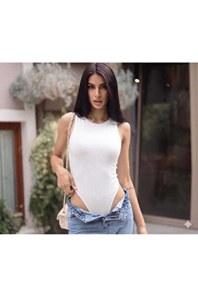 EAS GİYİM Crew Neck Zero Sleeve Stretchy Bodysuit with Snap Buttons at the Bo...