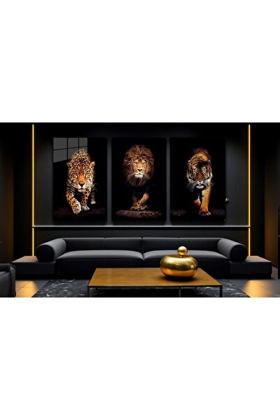 Empressco Lsm Seri001 3'lü Cam Tablo Seti – Aslan, Kaplan, Jaguar Temalı Deko...