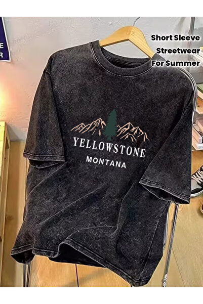 CLASSY.MODA Smoked Washed T-Shirt - Denim Textured Retro Design Loose Top