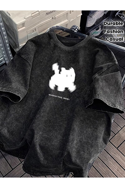 CLASSY.MODA Smoked Washed T-Shirt - Denim Textured Retro Design Loose Top