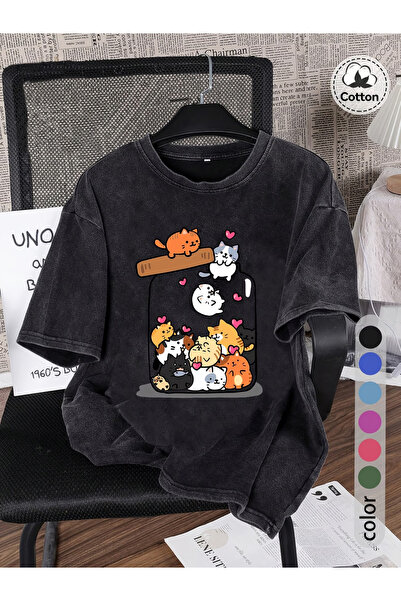 CLASSY.MODA Smoked Washed T-Shirt - Denim Textured Retro Design Loose Top