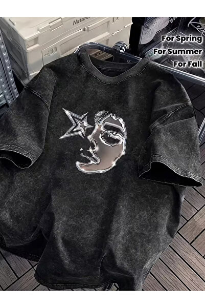 CLASSY.MODA Smoked Washed T-Shirt - Denim Textured Retro Design Loose Top