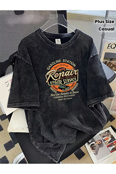 CLASSY.MODA Μπλουζάκι με εφέ καπνιστού αντικέ και πλυμένη υφή - Τζιν με ρετρό...