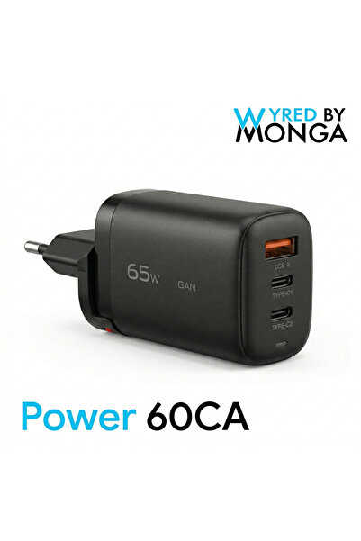 Wyred by Monga GaN 65W PD Network Charger, POWER 65CA, 3 Ports (2x USB-C, 1x ...