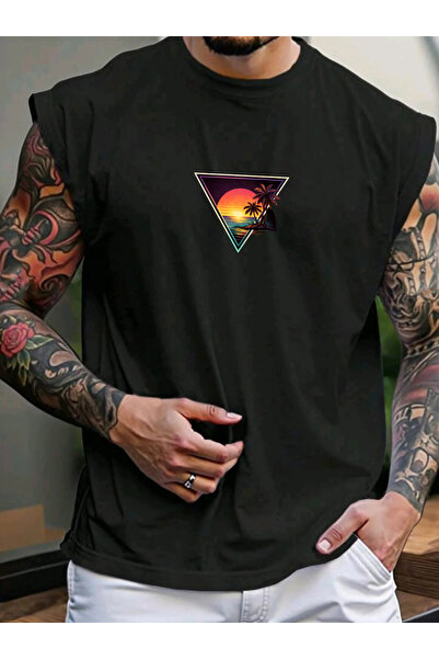 SUNFREE تي شيرت رجالي مطبوع عليه RETRO LANDSCAPE ملابس رياضية بدون أكمام مقاس...