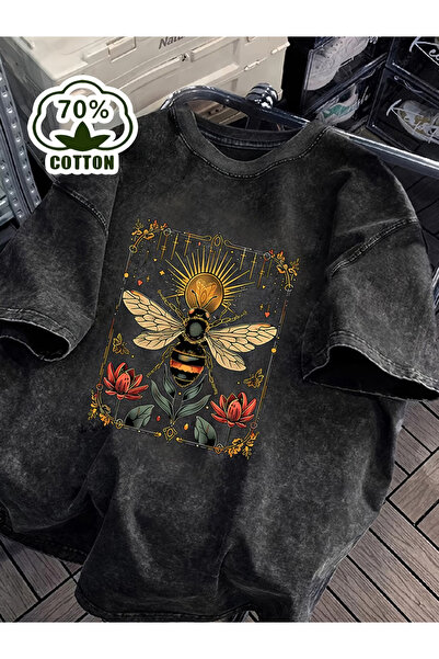 CLASSY.MODA Μπλουζάκι με εφέ καπνιστού αντικέ και πλυμένη υφή - Τζιν με ρετρό...