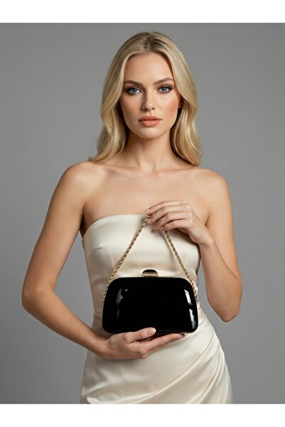 Biçanta Black Color Luxury Patent Leather Silver Detailed Chain Strap Women's...