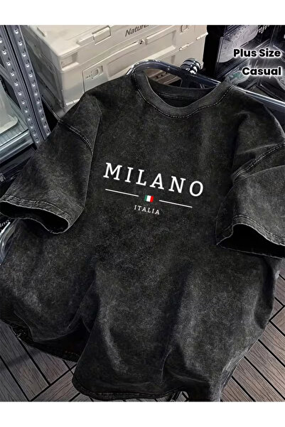 CLASSY.MODA Smoked Washed T-Shirt - Denim Textured Retro Design Loose Top