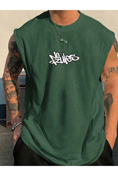 SUNFREE تيشيرت رجالي مطبوع عليه NO RULES ملابس رياضية بدون أكمام مقاس كبير