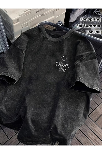 CLASSY.MODA Μπλουζάκι με εφέ καπνιστού αντικέ και πλυμένη υφή - Τζιν με ρετρό...