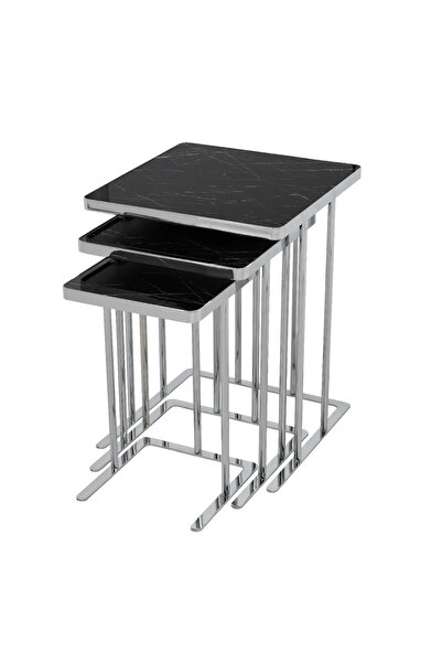 OKAE طقم طاولات خدمة وضيافة متداخلة 3 قطع سطح خشب بتصميم رخام أسود وهيكل معدن...