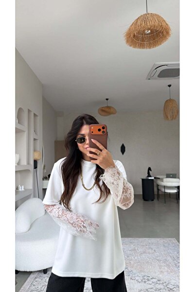 Buket Teke Λευκό μπλουζάκι με δαντέλα στα μανίκια