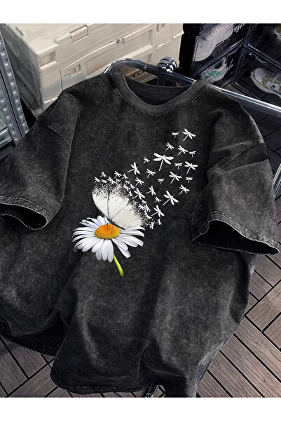 CLASSY.MODA Μπλουζάκι με εφέ καπνιστού αντικέ και πλυμένη υφή - Τζιν με ρετρό...