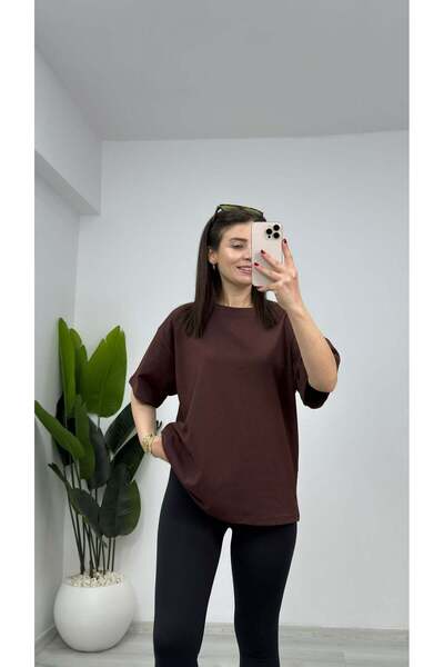 TUNAM BUTİK 3300 Oversize Basic Tshirt Brown