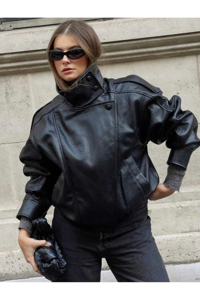 Karabulut Viral Oversized Women's Leather Jacket High Collar Black Urban Styl...