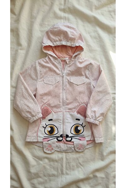 Sabi Girl's Cat Printed Hooded Zippered Lined Raincoat Jacket