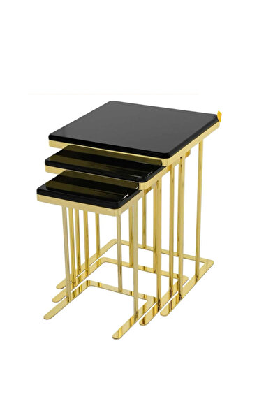 OKAE طقم طاولات خدمة وضيافة متداخلة 3 قطع سطح خشب بتصميم رخام أسود وهيكل معدن...