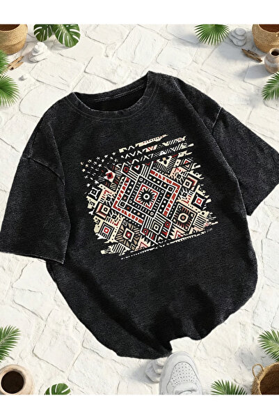 CLASSY.MODA Smoked Washed T-Shirt - Denim Textured Retro Design Loose Top