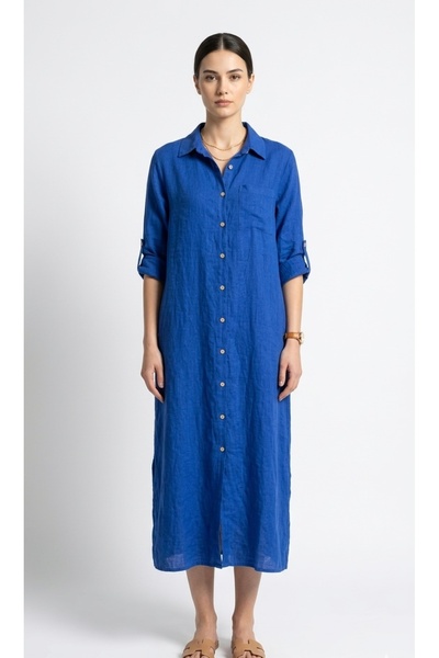 Rabiossa Women's Shirt Collar Long Italian Linen Dress