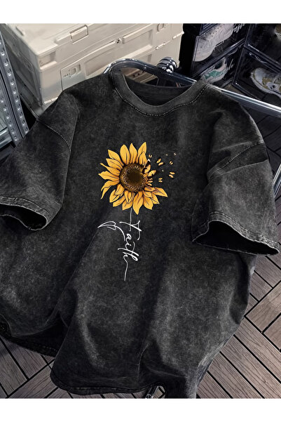 CLASSY.MODA Μπλουζάκι με εφέ καπνιστού αντικέ και πλυμένη υφή - Τζιν με ρετρό...