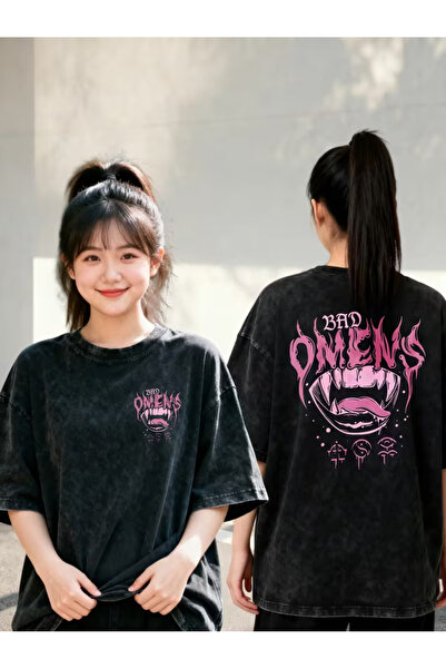 CLASSY.MODA Smoked Washed T-Shirt - Denim Textured Retro Design Loose Top