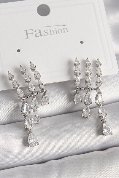 Nehir Stylish Brass Silver Color Zircon Stone Rain Model Women's Earrings Tea...